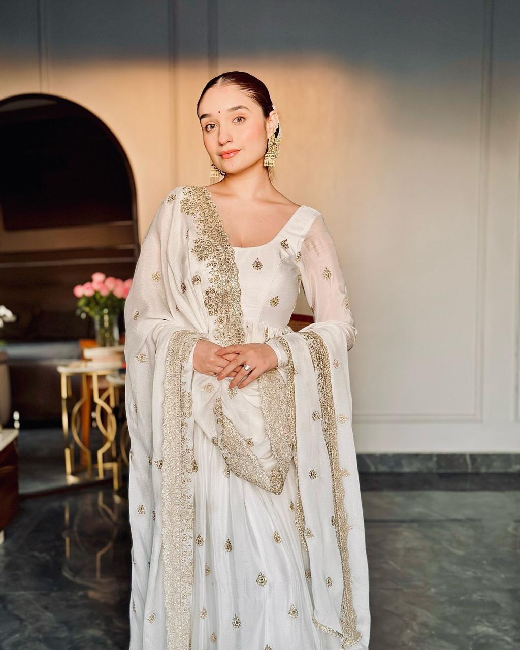 Pearl White Mirror Embroidered Anarkali Set