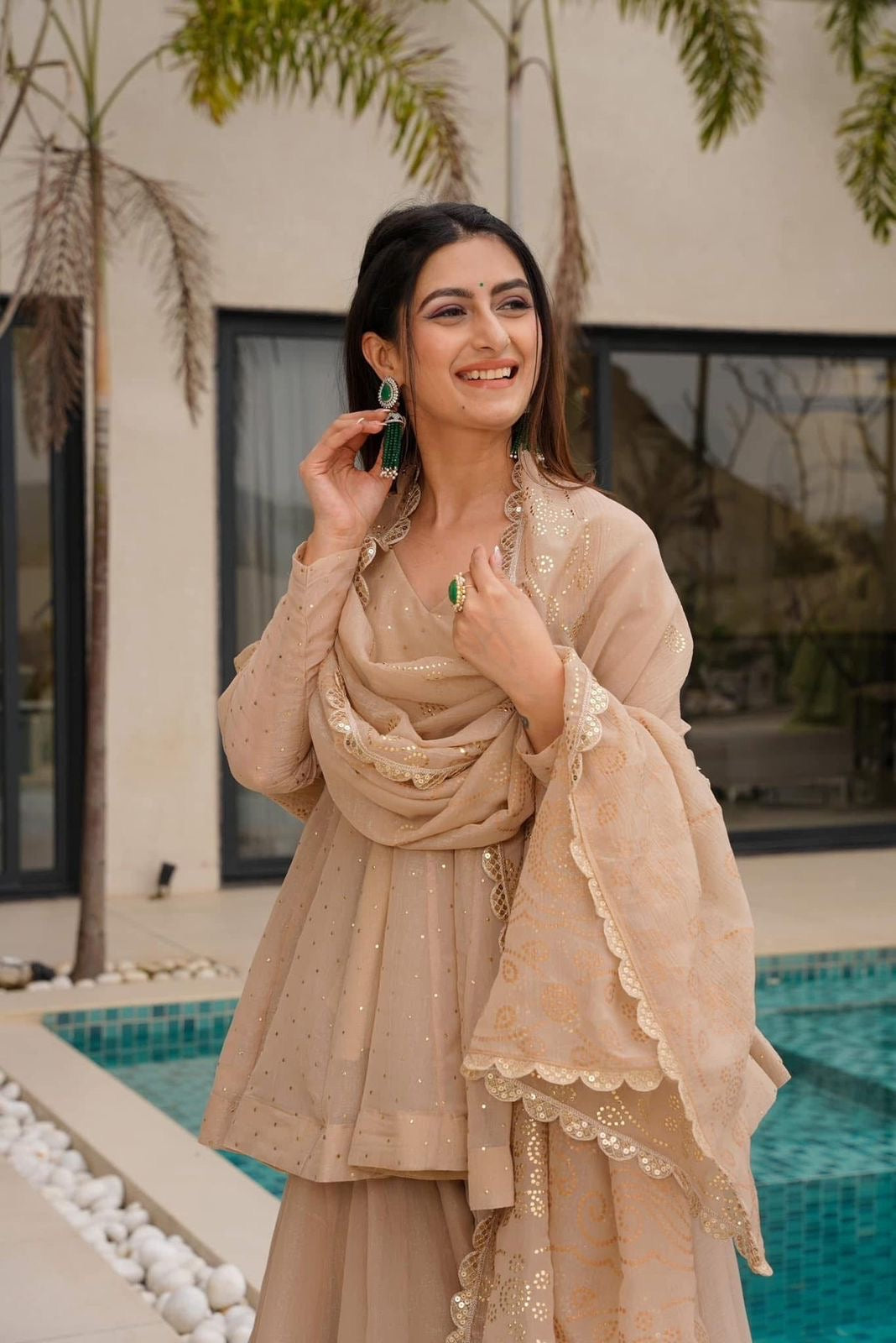 Ethereal Beige Peplum Sharara Set