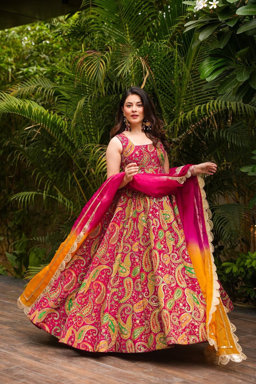 Bandhej Paisley Printed Anarkali with Ombre Dupatta