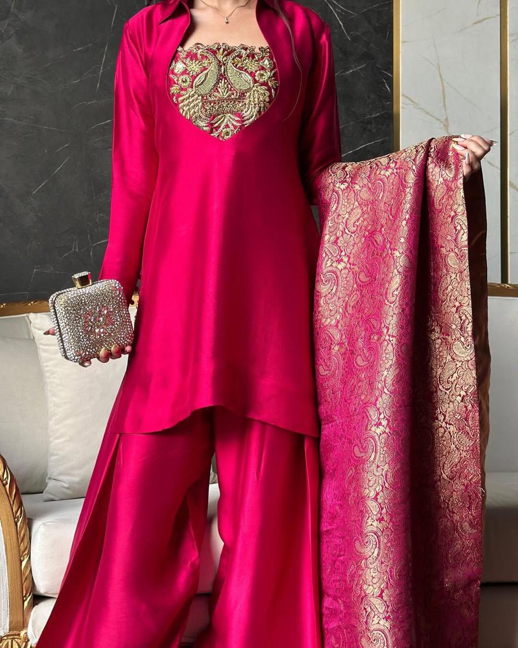 Magenta Pink Silk Embroidered Salwar Suit with Banarasi Dupatta