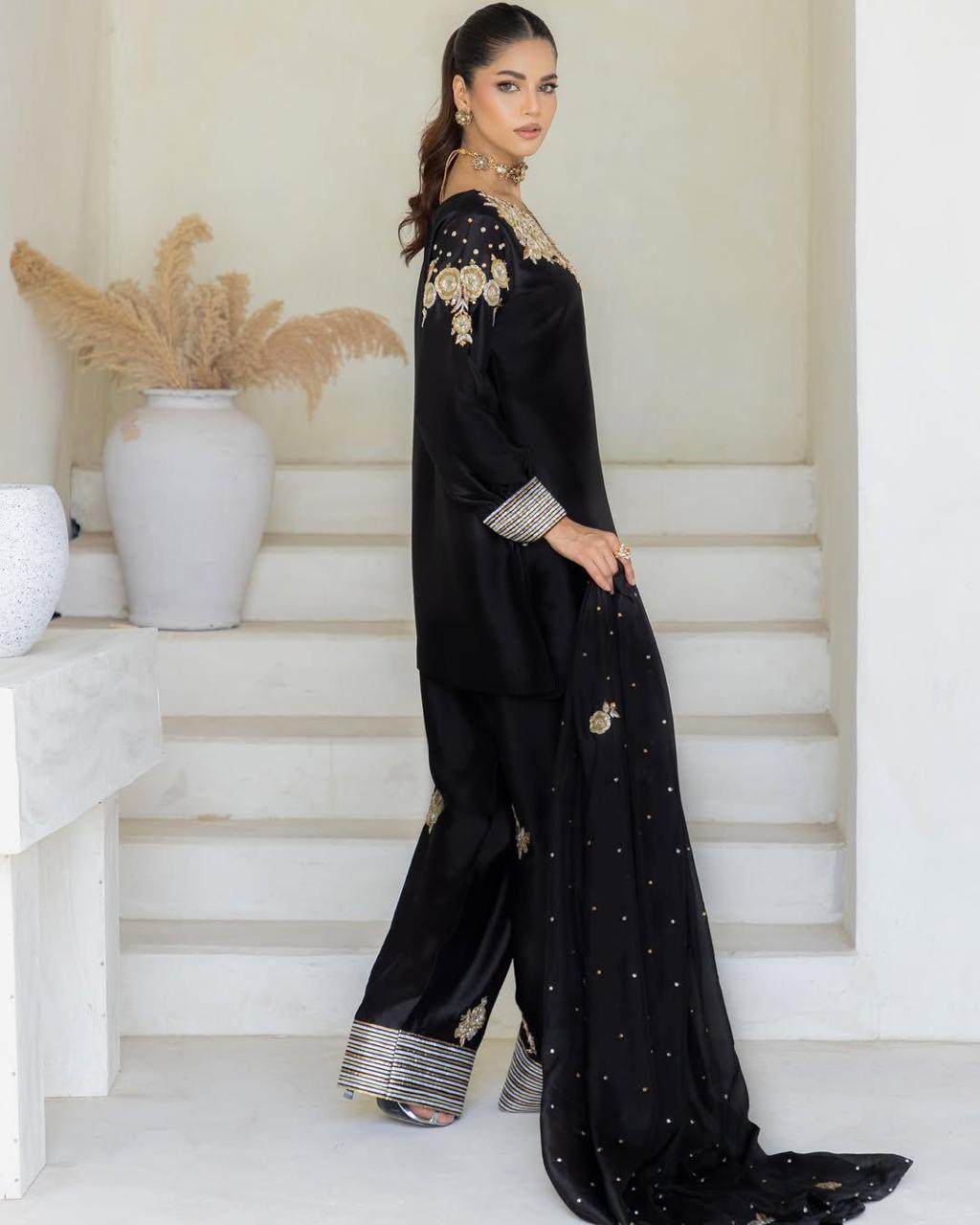 Black Luxury Embroidered Silk Salwar Suit with Dupatta
