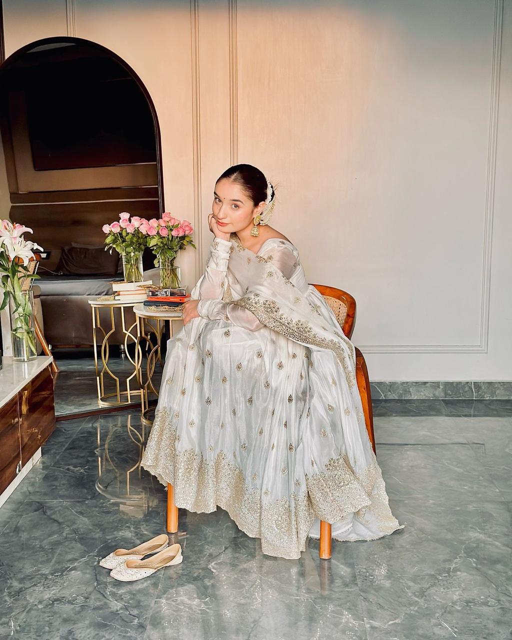 Pearl White Mirror Embroidered Anarkali Set