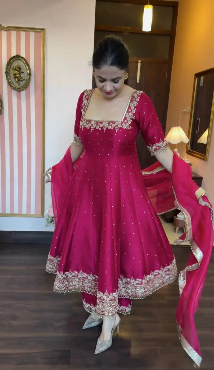 Magenta Embroidered Anarkali Suit Set with Dupatta