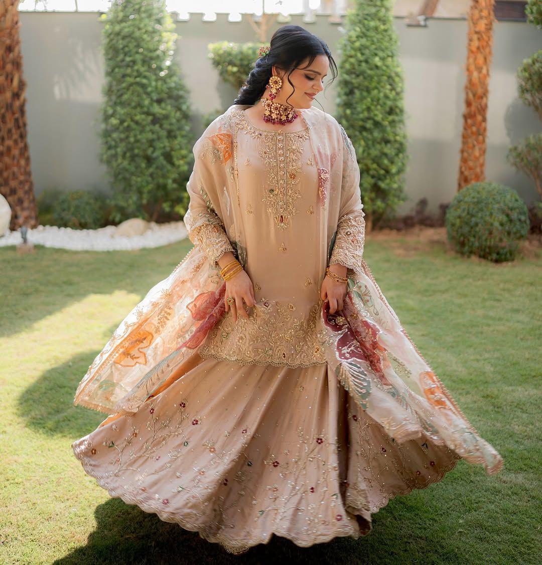 Noor Embroidered Sharara Set in Champagne Beige