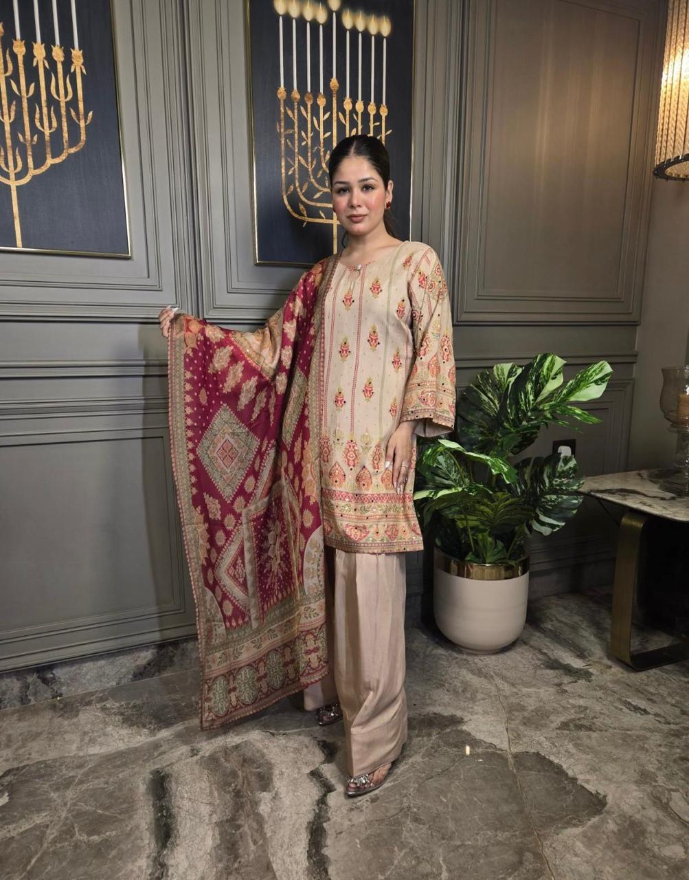 Mayra Beige Printed Silk Suit with Maroon Dupatta