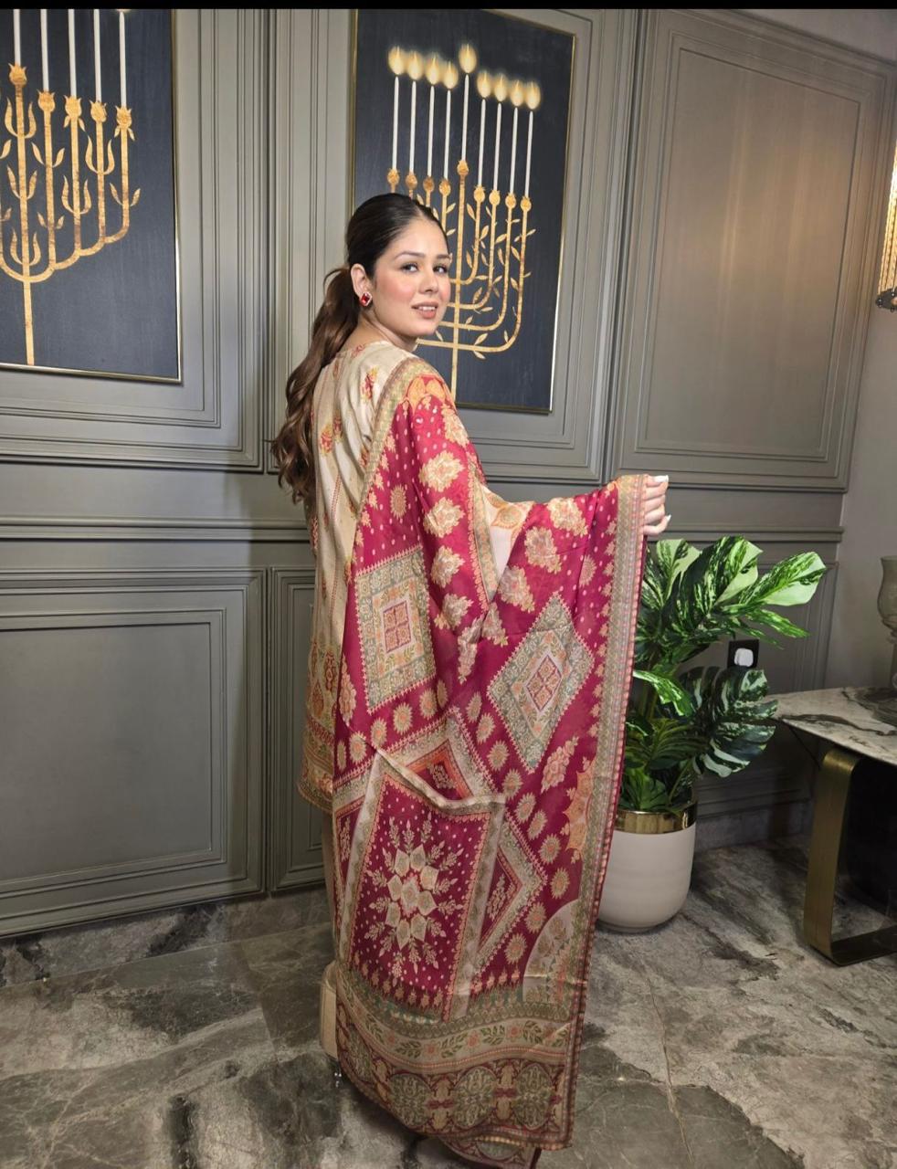 Mayra Beige Printed Silk Suit with Maroon Dupatta