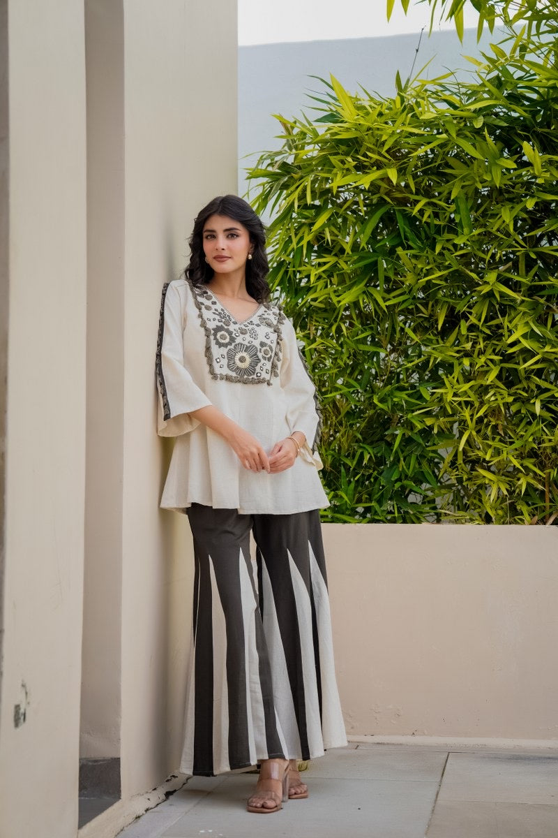 Monochrome Floral Embroidered Kurta with Contrast Flared Palazzo