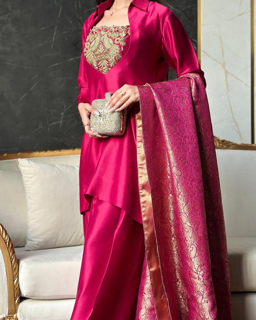 Magenta Pink Silk Embroidered Salwar Suit with Banarasi Dupatta