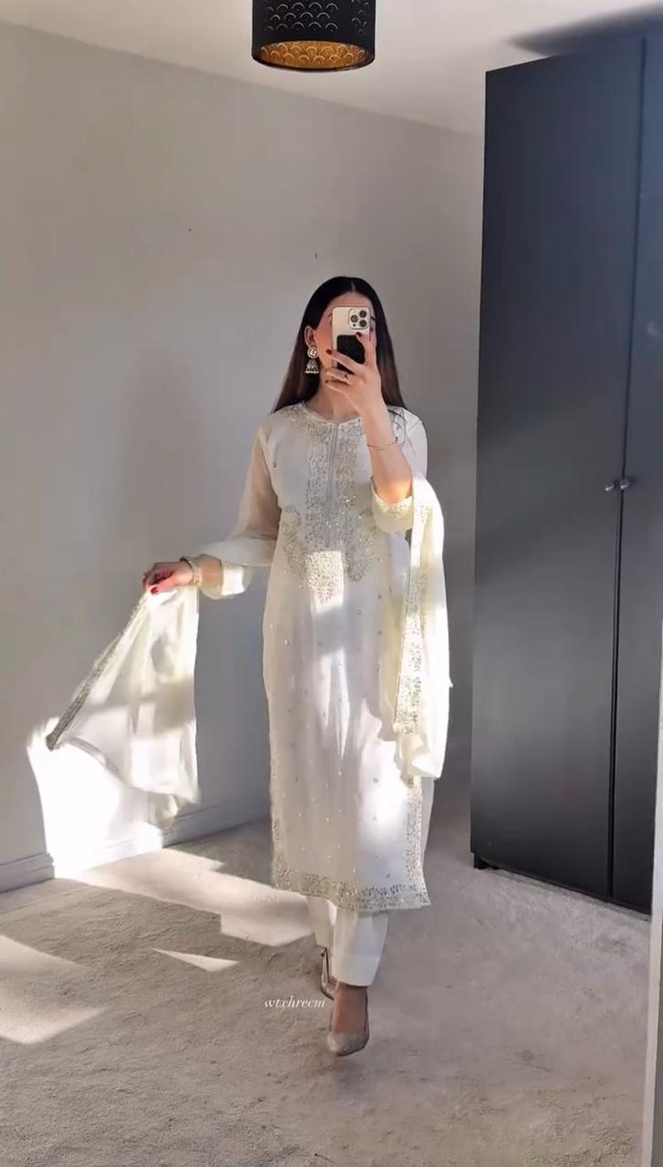 Ivory Glow Embellished Straight Suit Set