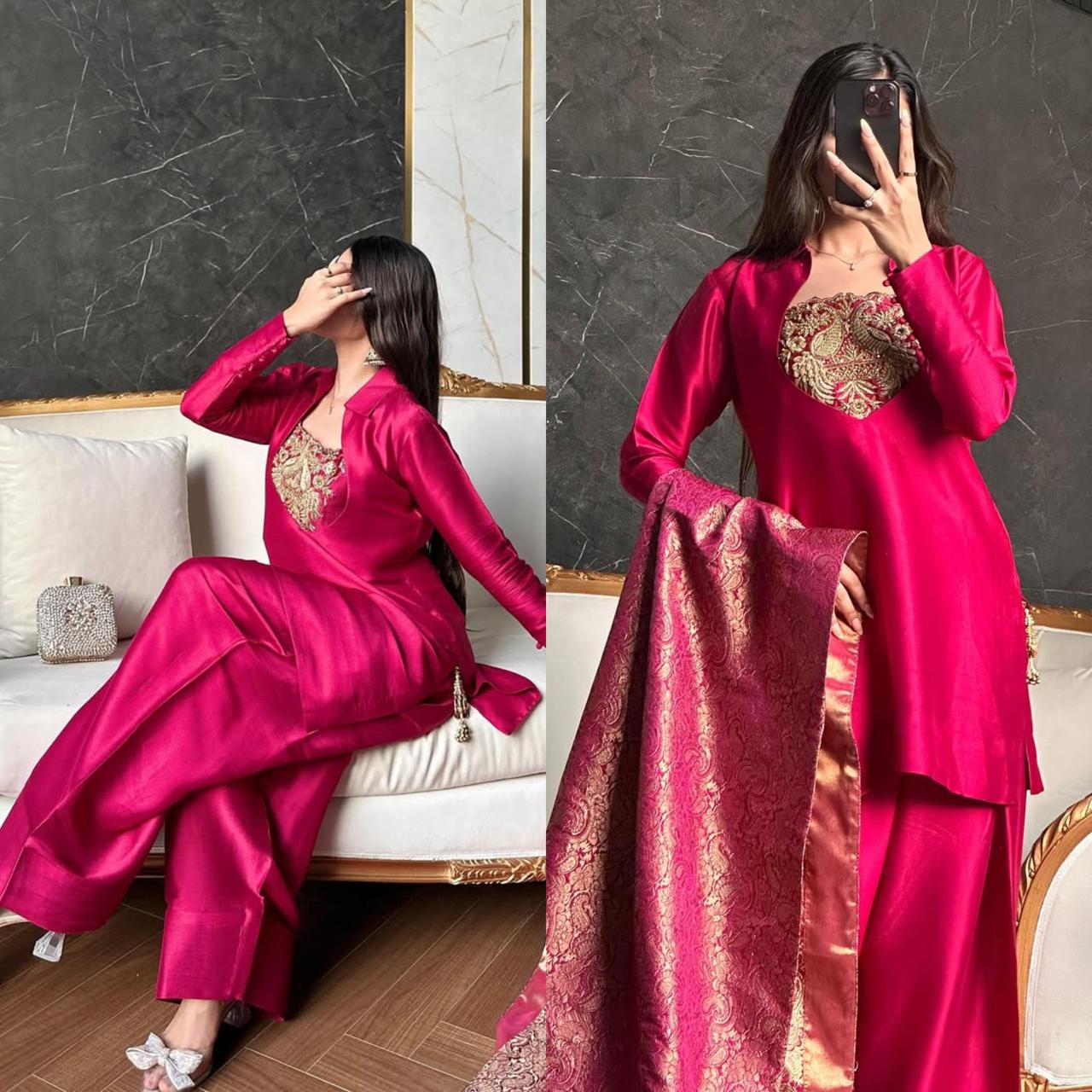 Magenta Pink Silk Embroidered Salwar Suit with Banarasi Dupatta