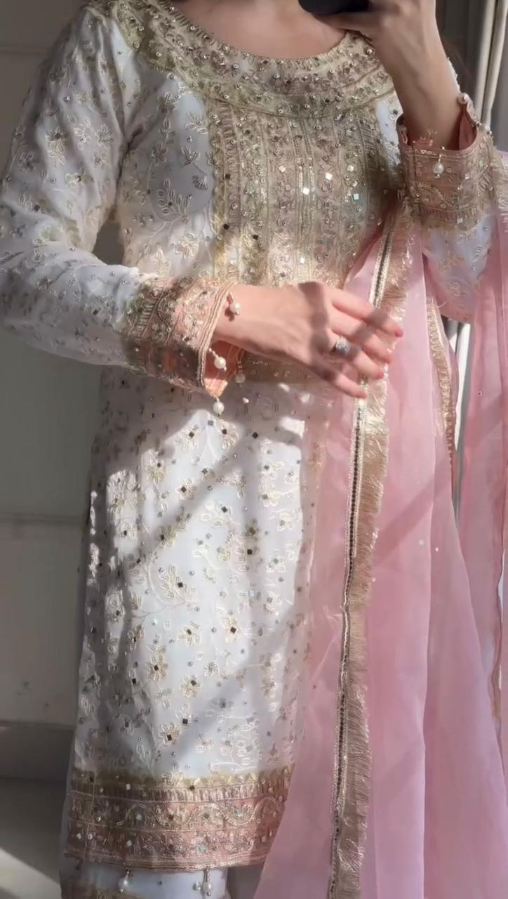 Anamika White Sharara Set with Pink Dupatta