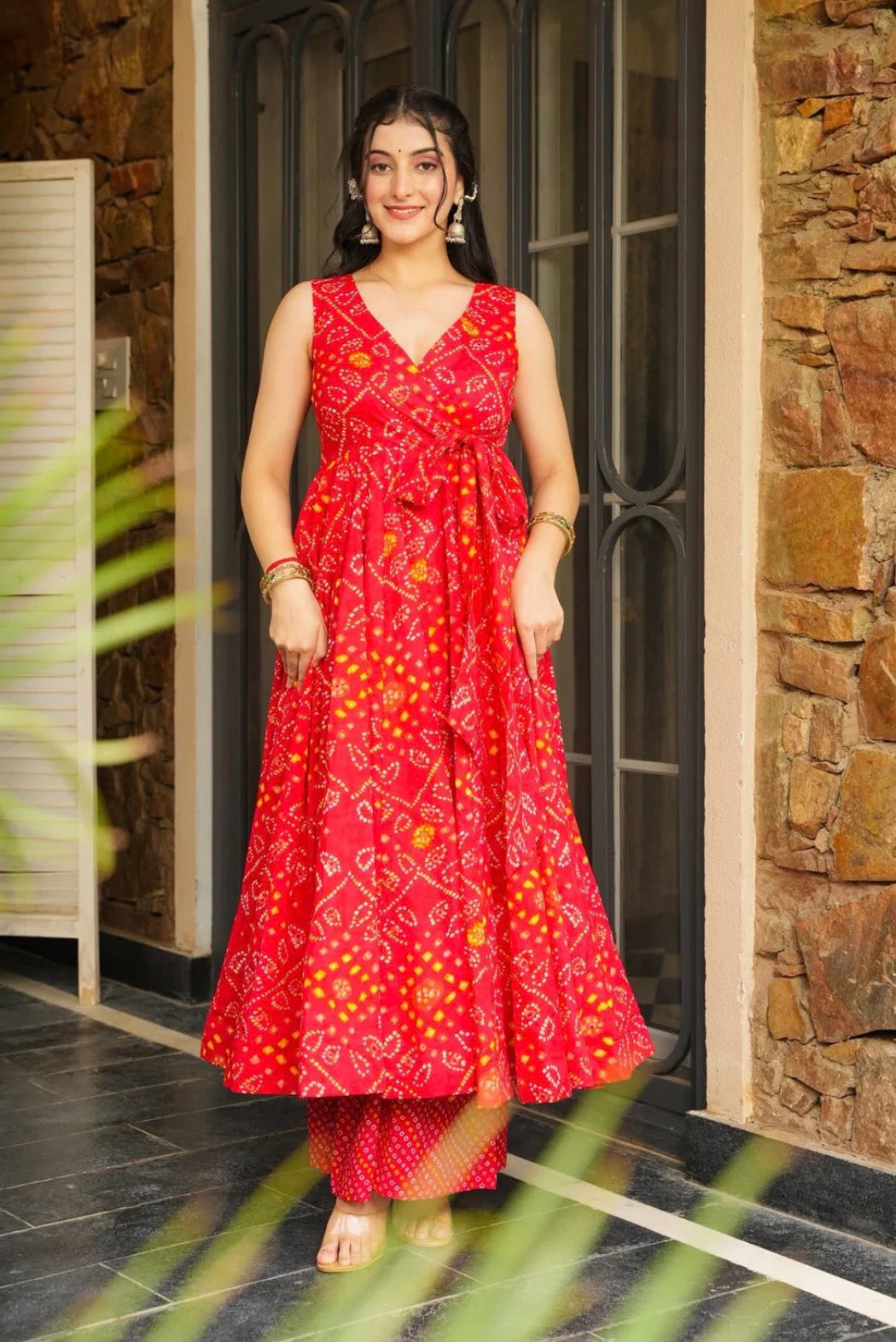 Crimson Bloom Bandhani Anarkali Set