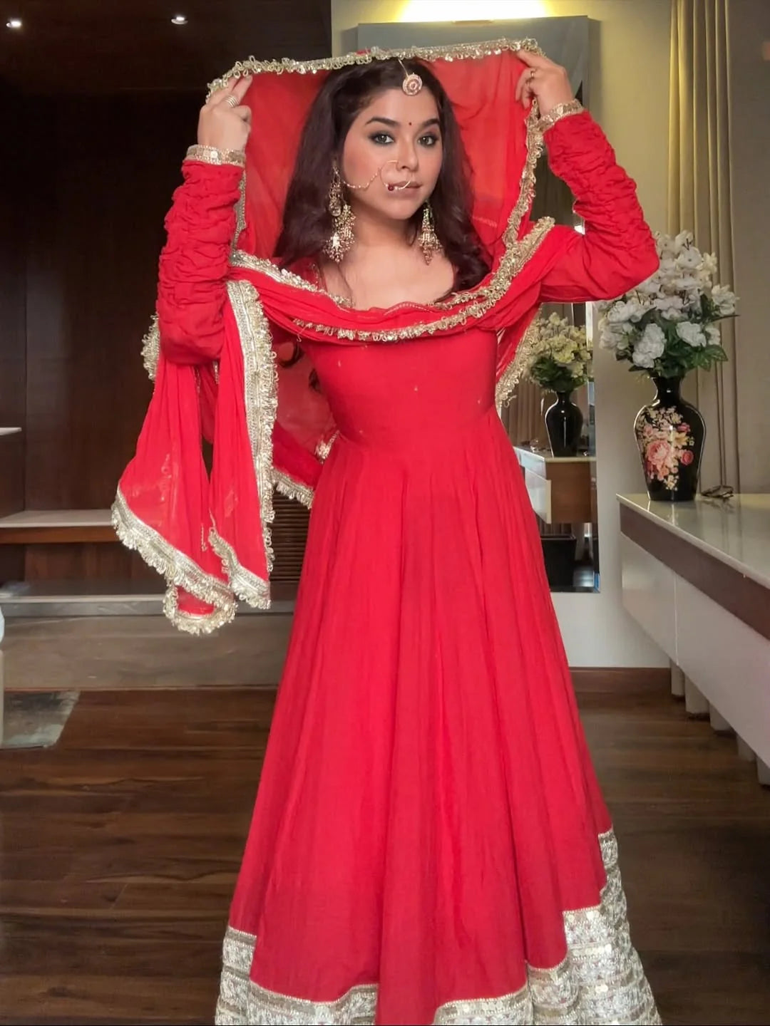 Royal Red Anarkali with Golden Zari Border