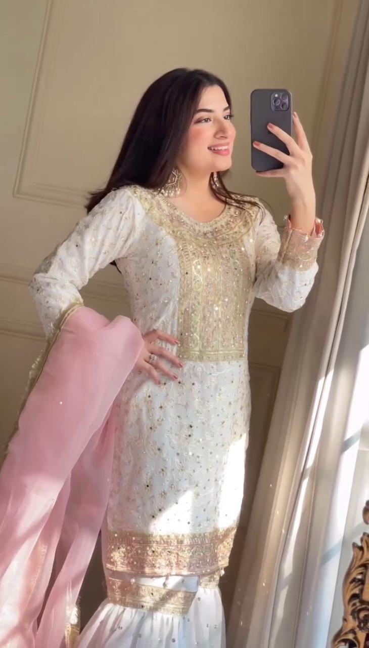 Anamika White Sharara Set with Pink Dupatta