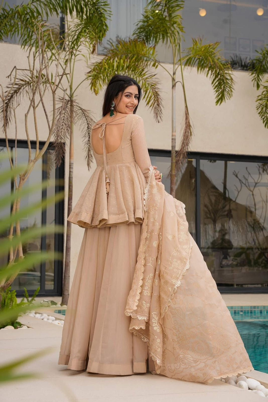 Ethereal Beige Peplum Sharara Set