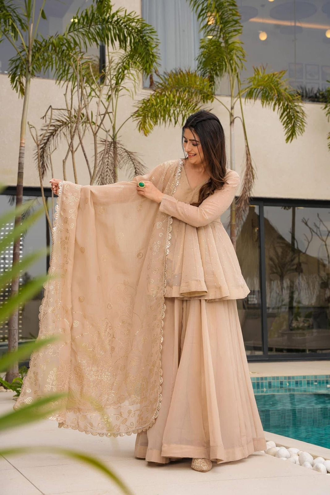 Ethereal Beige Peplum Sharara Set
