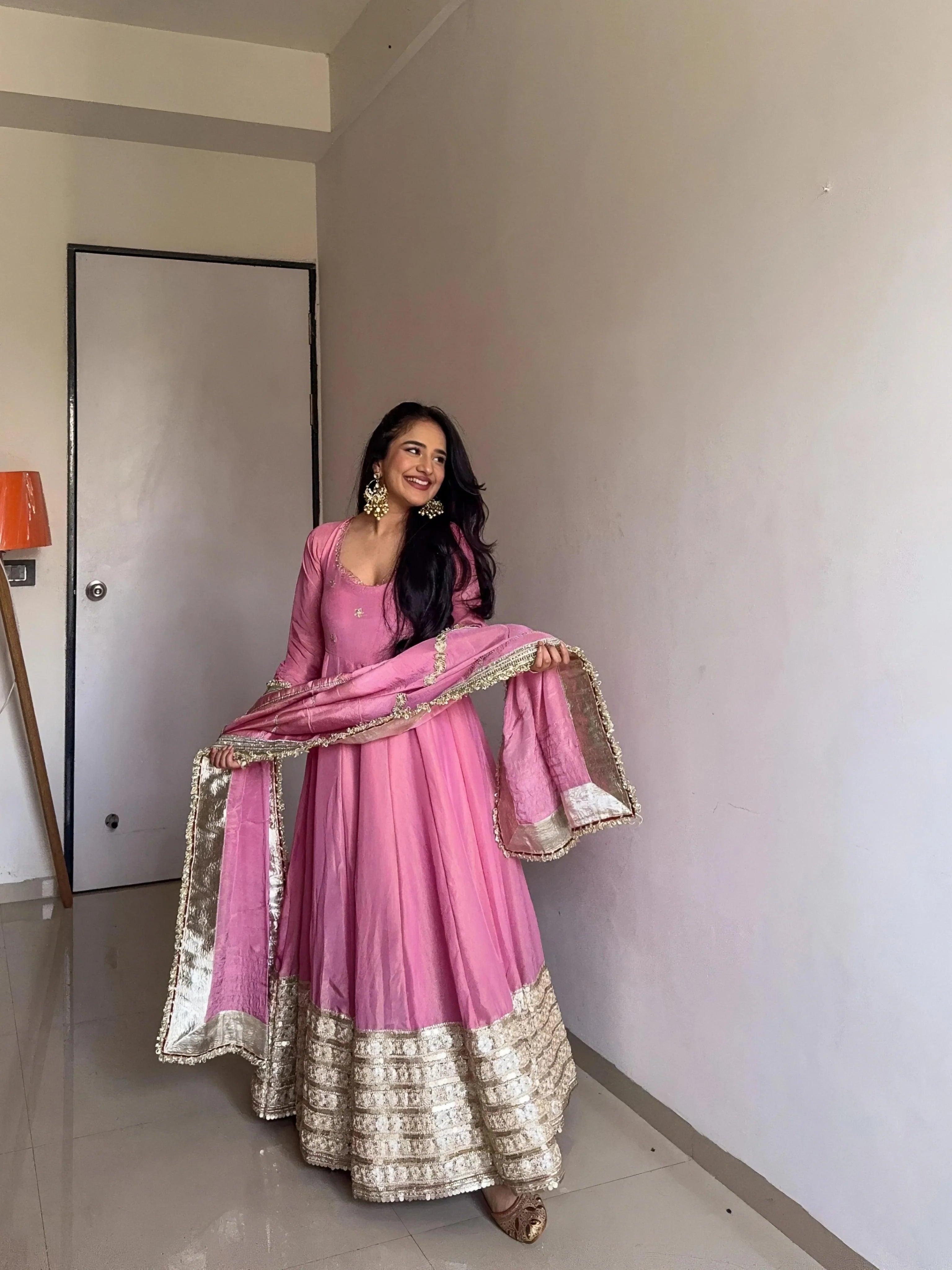 Blush Pink Anarkali with Elegant Gold Embroidery