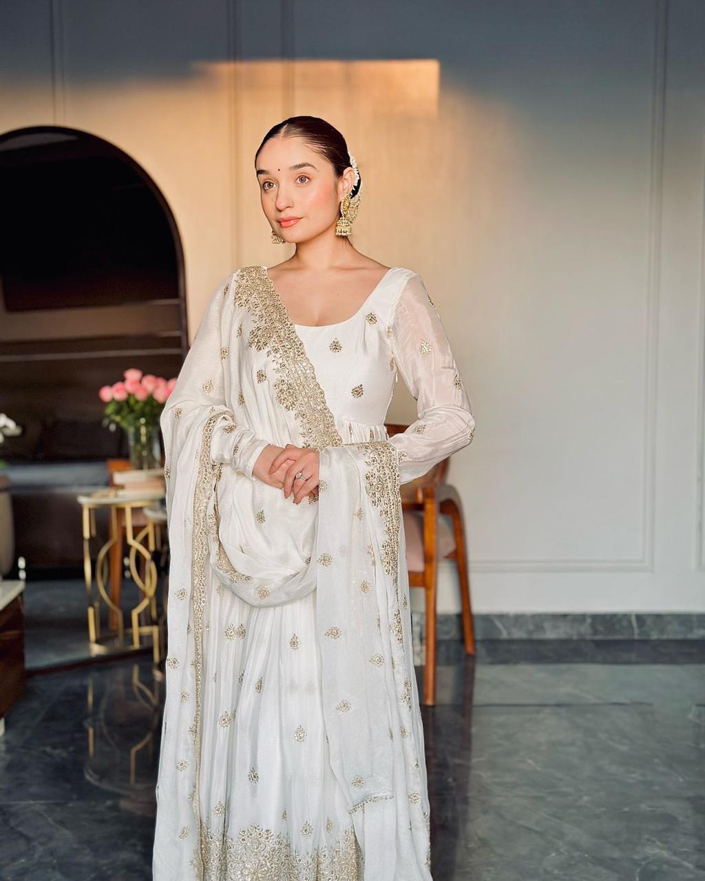 Pearl White Mirror Embroidered Anarkali Set