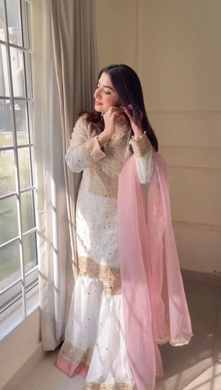 Anamika White Sharara Set with Pink Dupatta