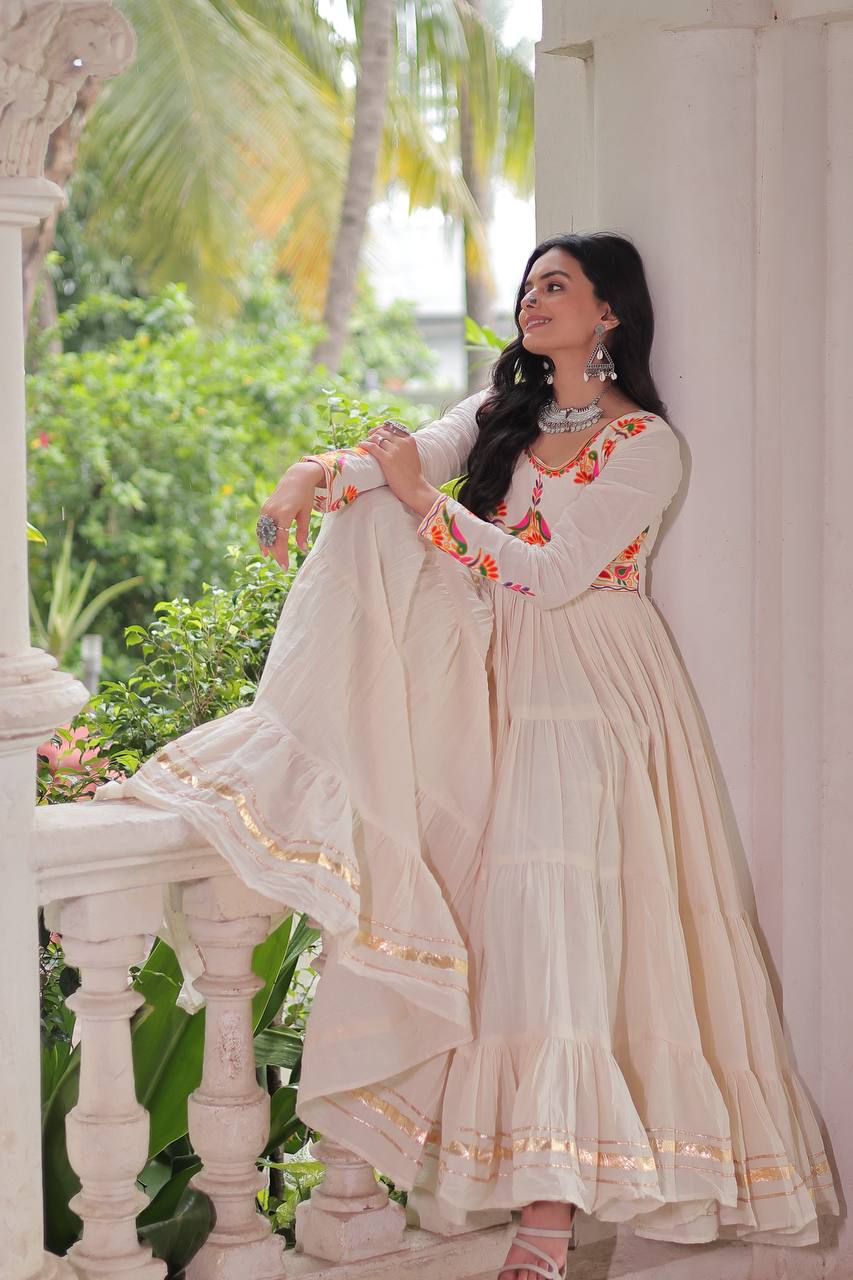 Palak Off White Kora Cotton Gota Patti Work  Gown