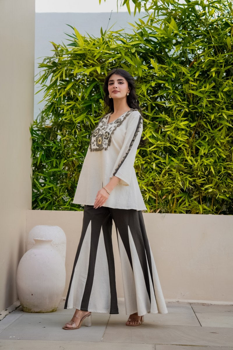 Monochrome Floral Embroidered Kurta with Contrast Flared Palazzo
