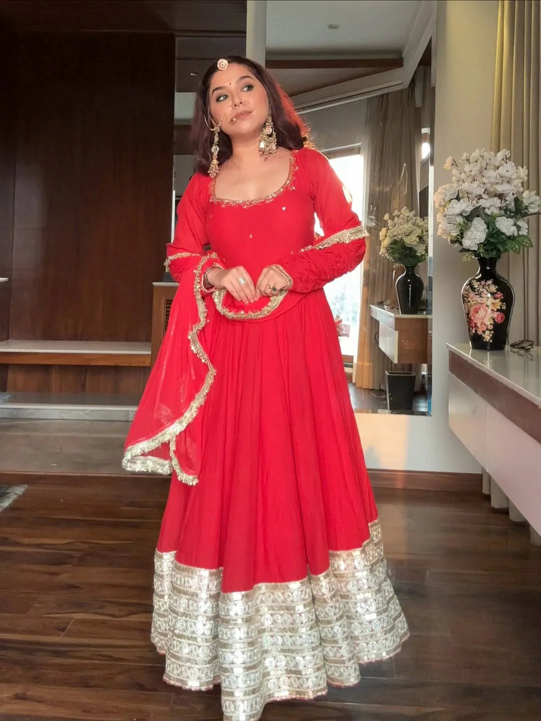 Royal Red Anarkali with Golden Zari Border