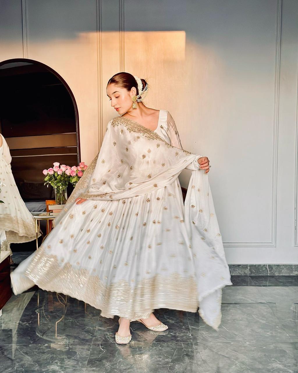 Pearl White Mirror Embroidered Anarkali Set