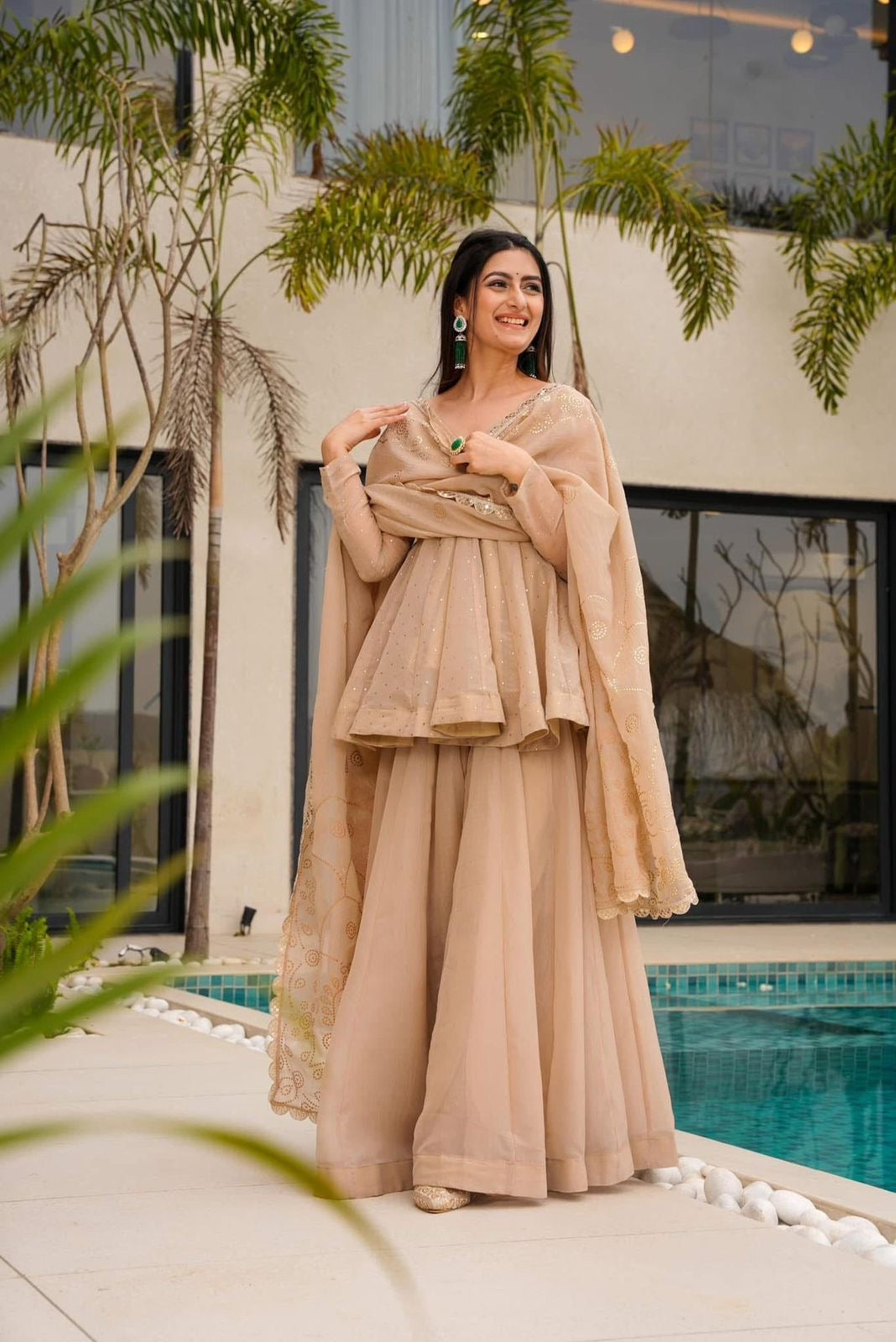 Ethereal Beige Peplum Sharara Set
