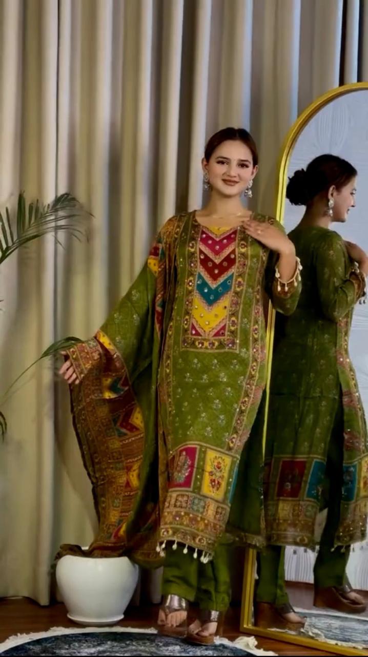 Green Multi-Color Embroidered Printed Suit with Dupatta
