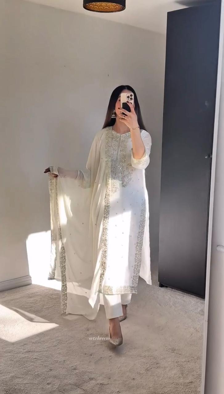 Ivory Glow Embellished Straight Suit Set