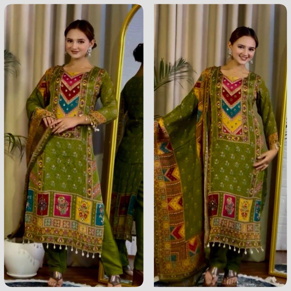 Green Multi-Color Embroidered Printed Suit with Dupatta