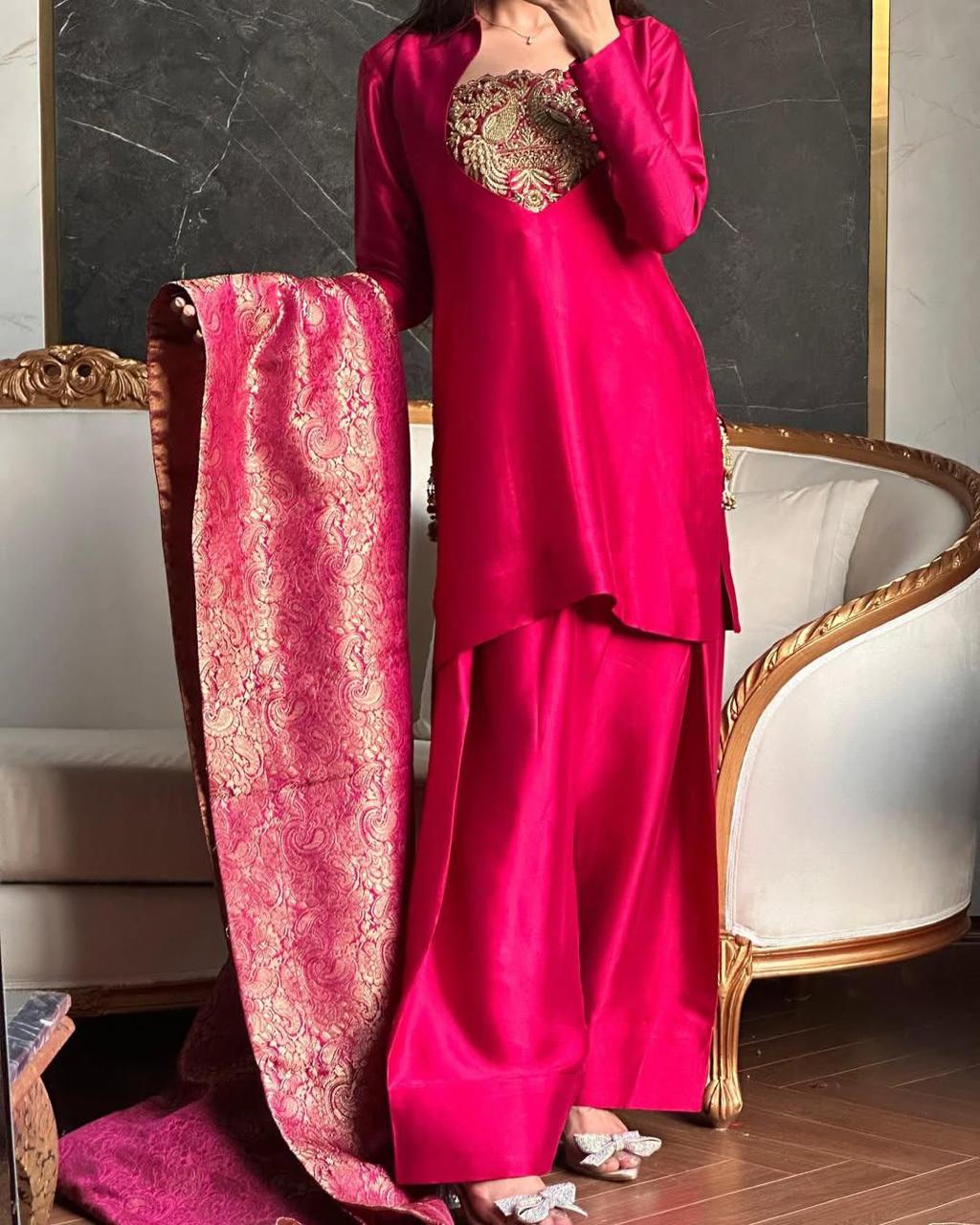 Magenta Pink Silk Embroidered Salwar Suit with Banarasi Dupatta