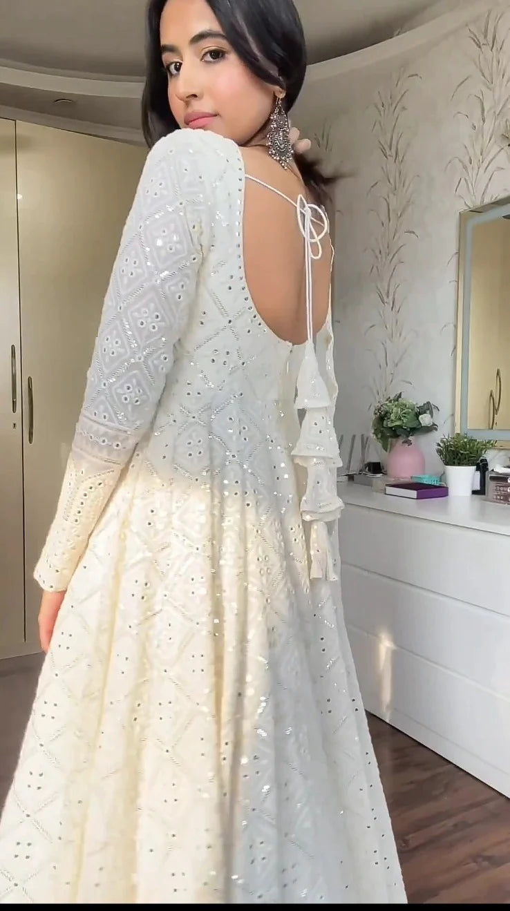 AMAIRA WHITE EMBROIDERED GEORGETTE ANARKALI FULLY STITCHED SUIT SET