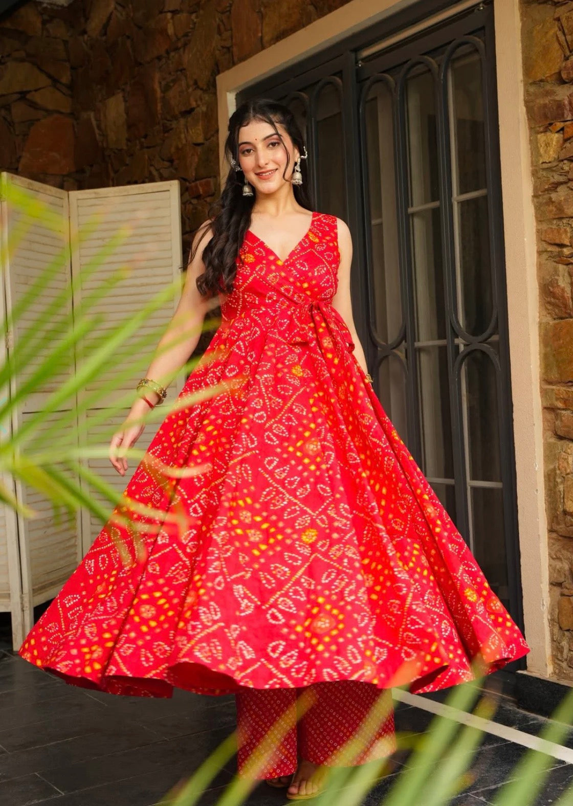 Crimson Bloom Bandhani Anarkali Set