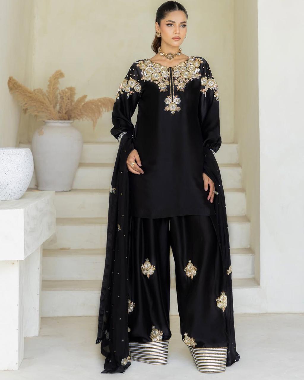 Black Luxury Embroidered Silk Salwar Suit with Dupatta