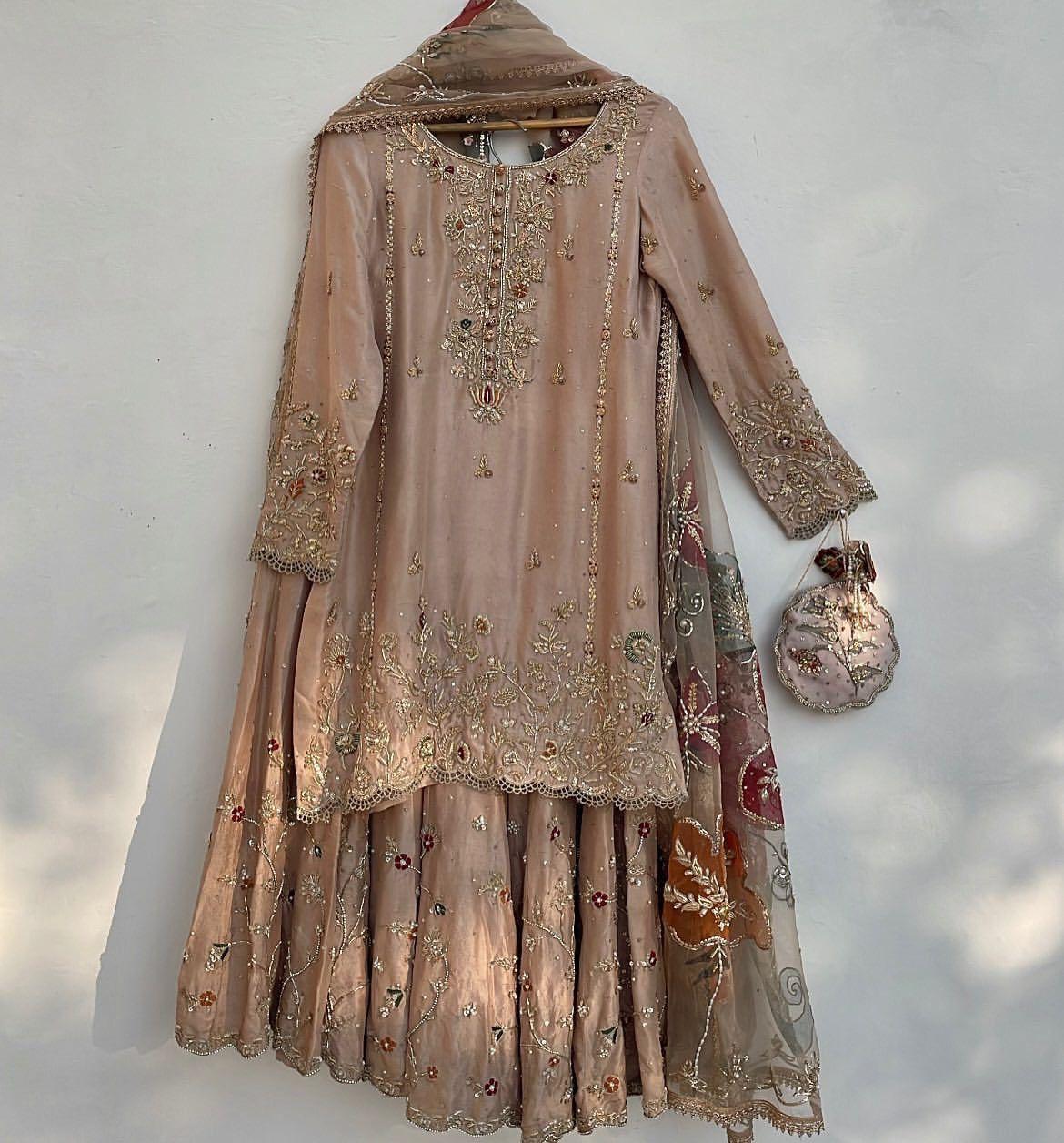 Noor Embroidered Sharara Set in Champagne Beige