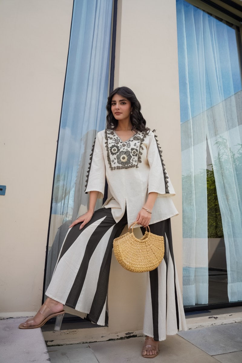 Monochrome Floral Embroidered Kurta with Contrast Flared Palazzo