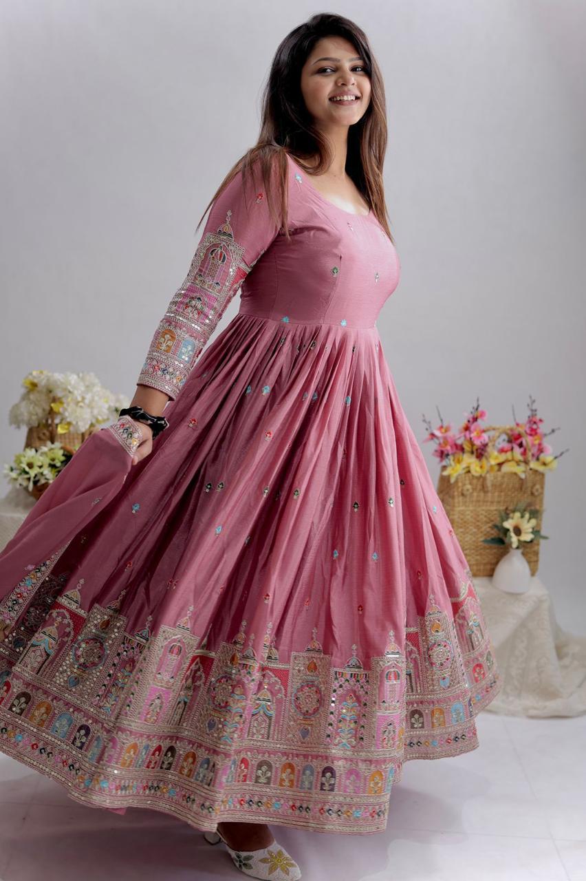 Dusty Pink Embroidered Anarkali Suit with Dupatta