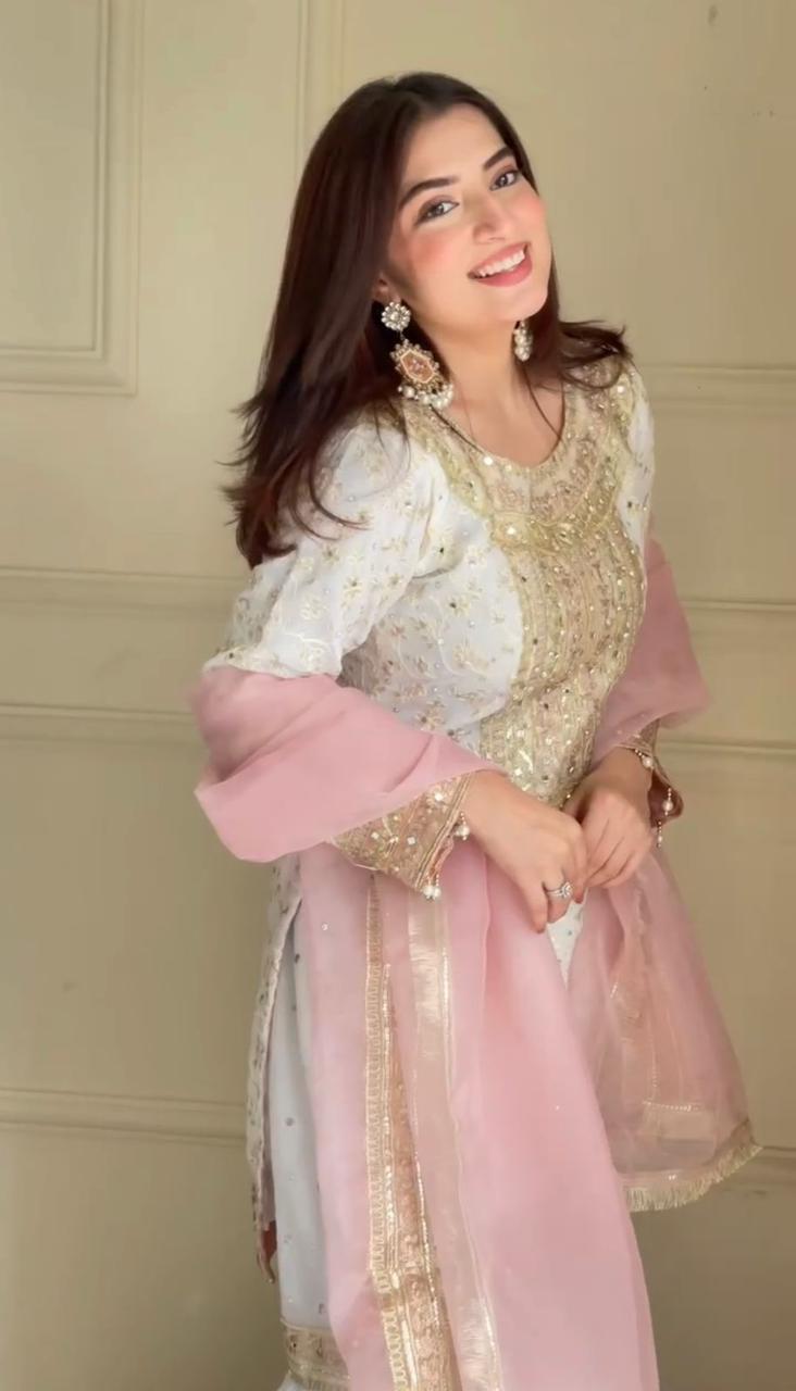 Anamika White Sharara Set with Pink Dupatta