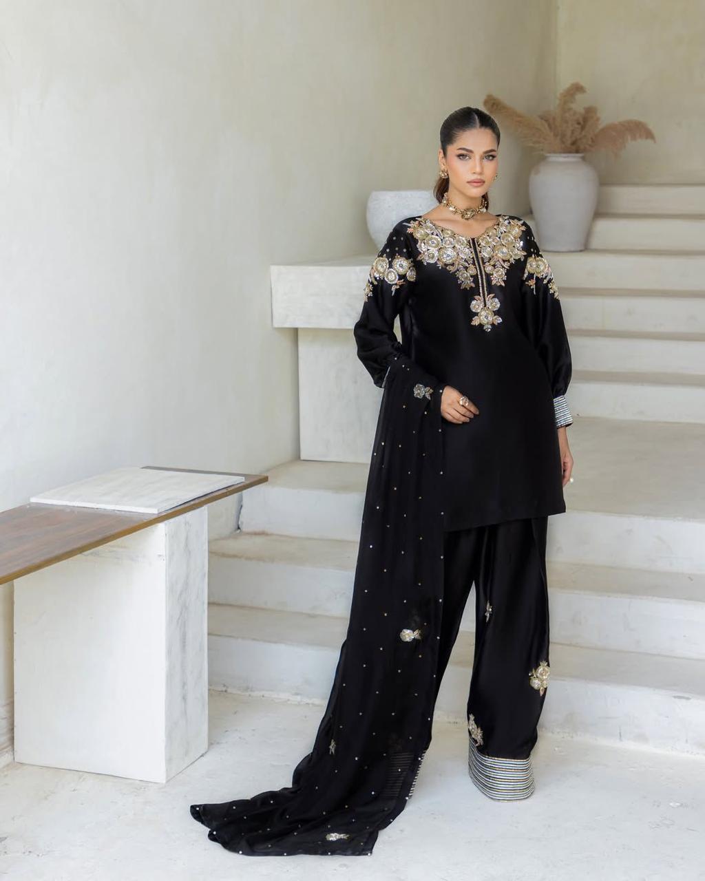 Black Luxury Embroidered Silk Salwar Suit with Dupatta