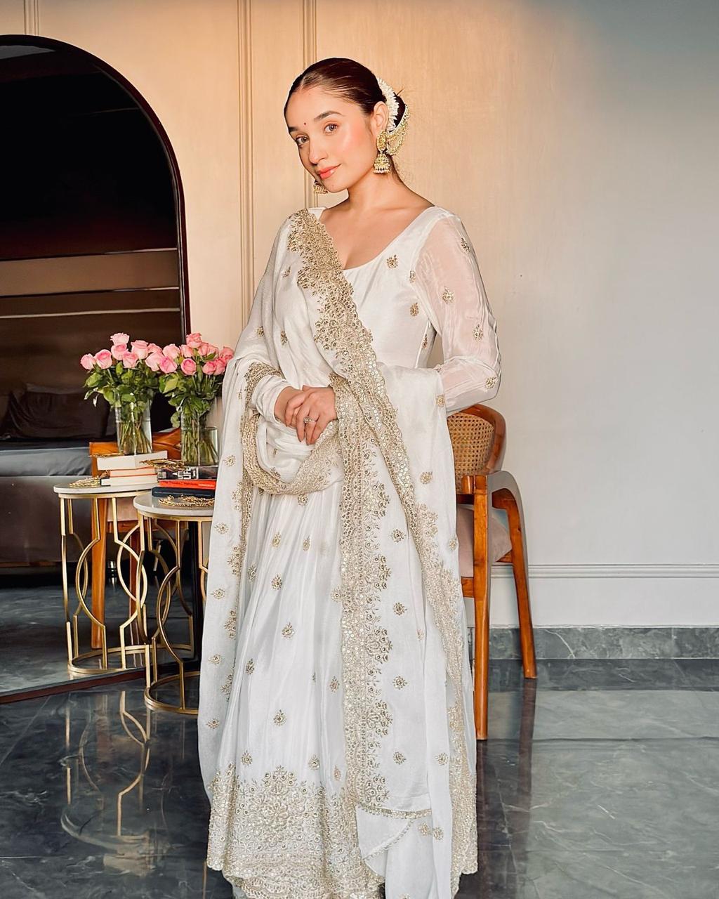 Pearl White Mirror Embroidered Anarkali Set