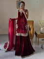 Elegant Burgundy Velvet Embroidered Palazzo Set