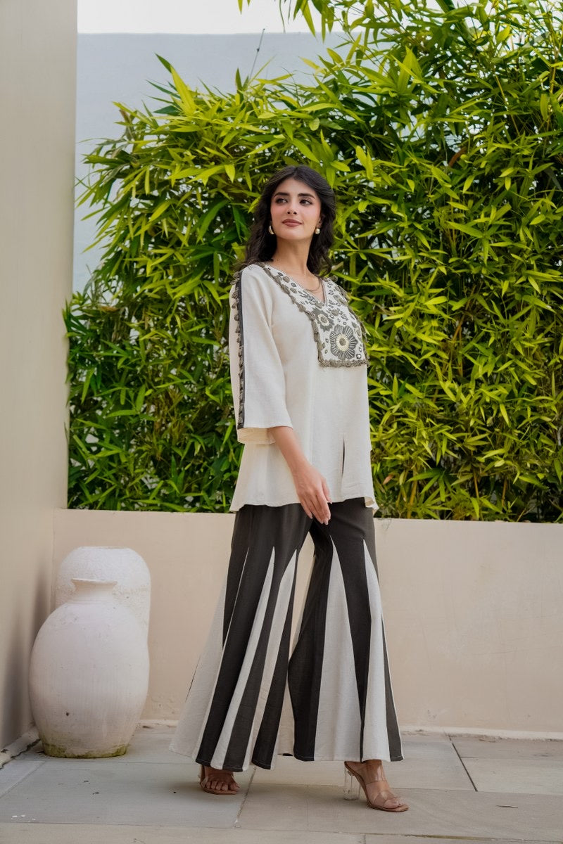 Monochrome Floral Embroidered Kurta with Contrast Flared Palazzo