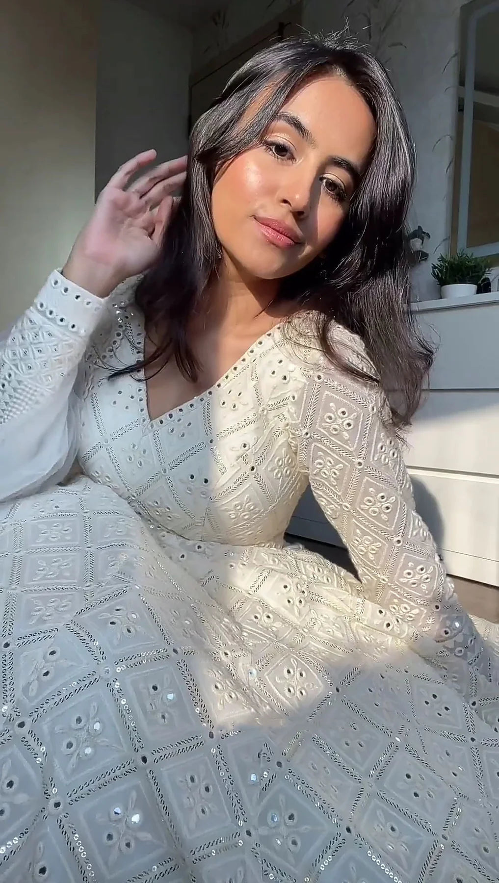 AMAIRA WHITE EMBROIDERED GEORGETTE ANARKALI FULLY STITCHED SUIT SET