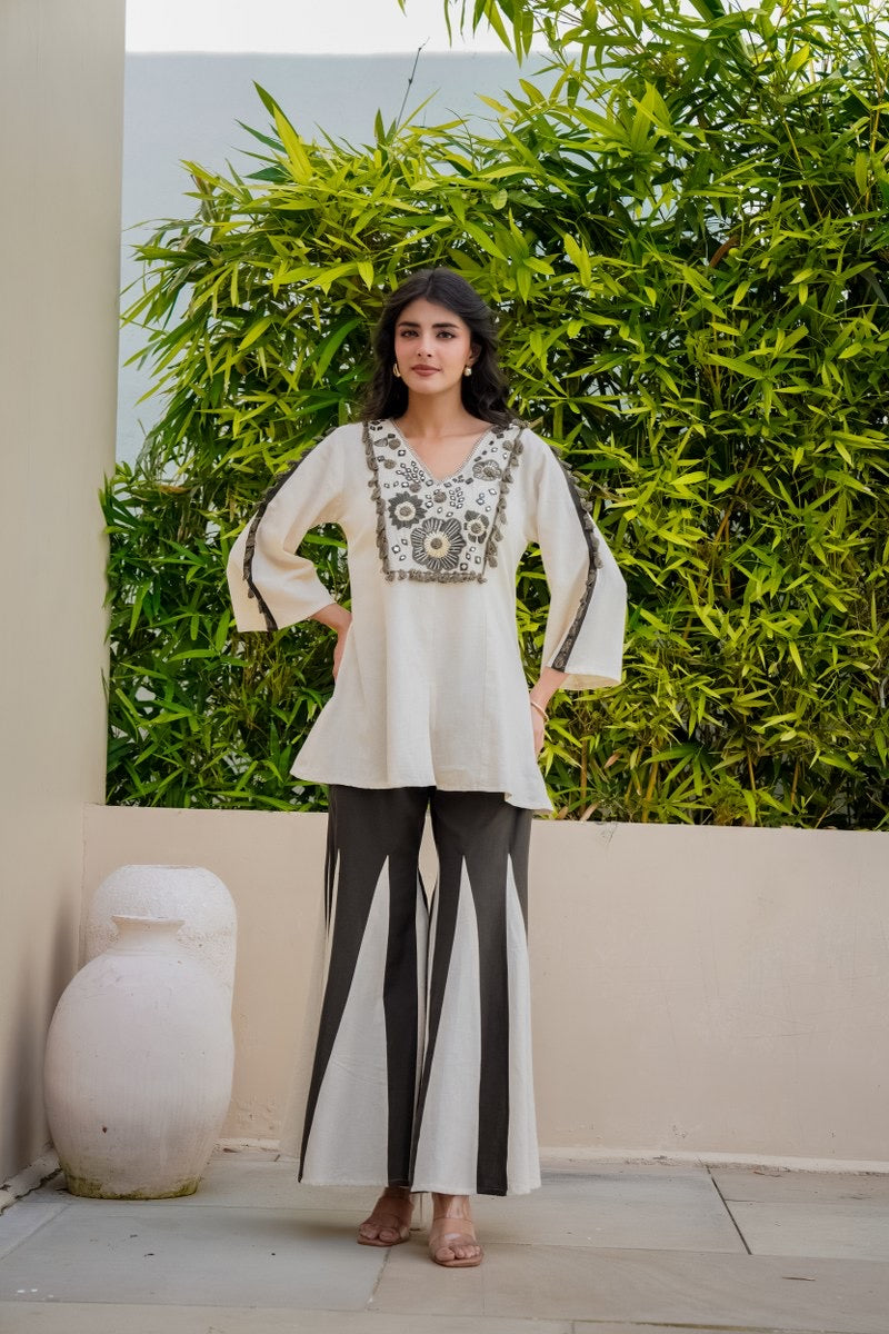 Monochrome Floral Embroidered Kurta with Contrast Flared Palazzo