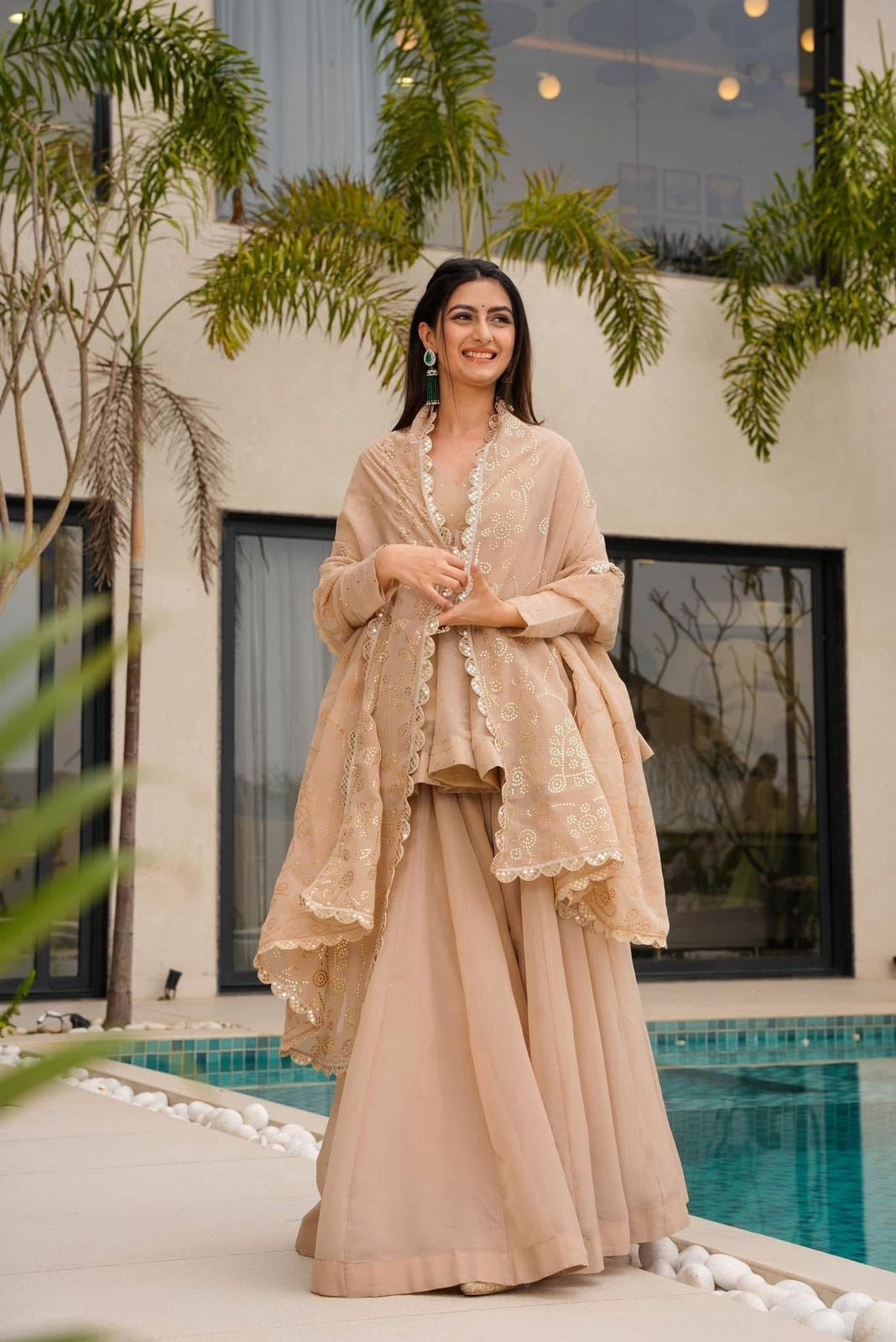 Ethereal Beige Peplum Sharara Set