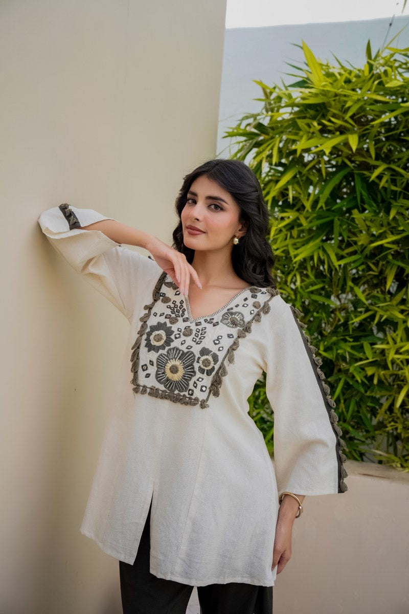 Monochrome Floral Embroidered Kurta with Contrast Flared Palazzo