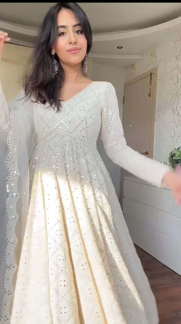 AMAIRA WHITE EMBROIDERED GEORGETTE ANARKALI FULLY STITCHED SUIT SET