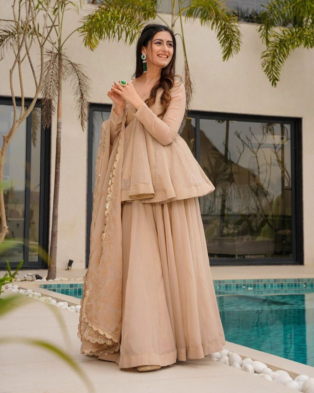 Ethereal Beige Peplum Sharara Set
