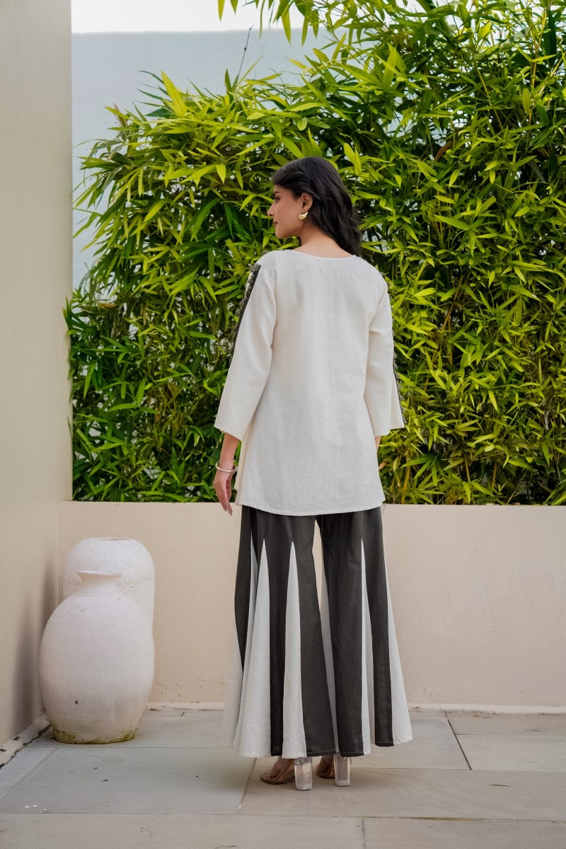 Monochrome Floral Embroidered Kurta with Contrast Flared Palazzo